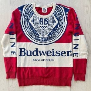 Budweiser Men’s Sweater Small Junk Food Ugly Red White Blue Beer